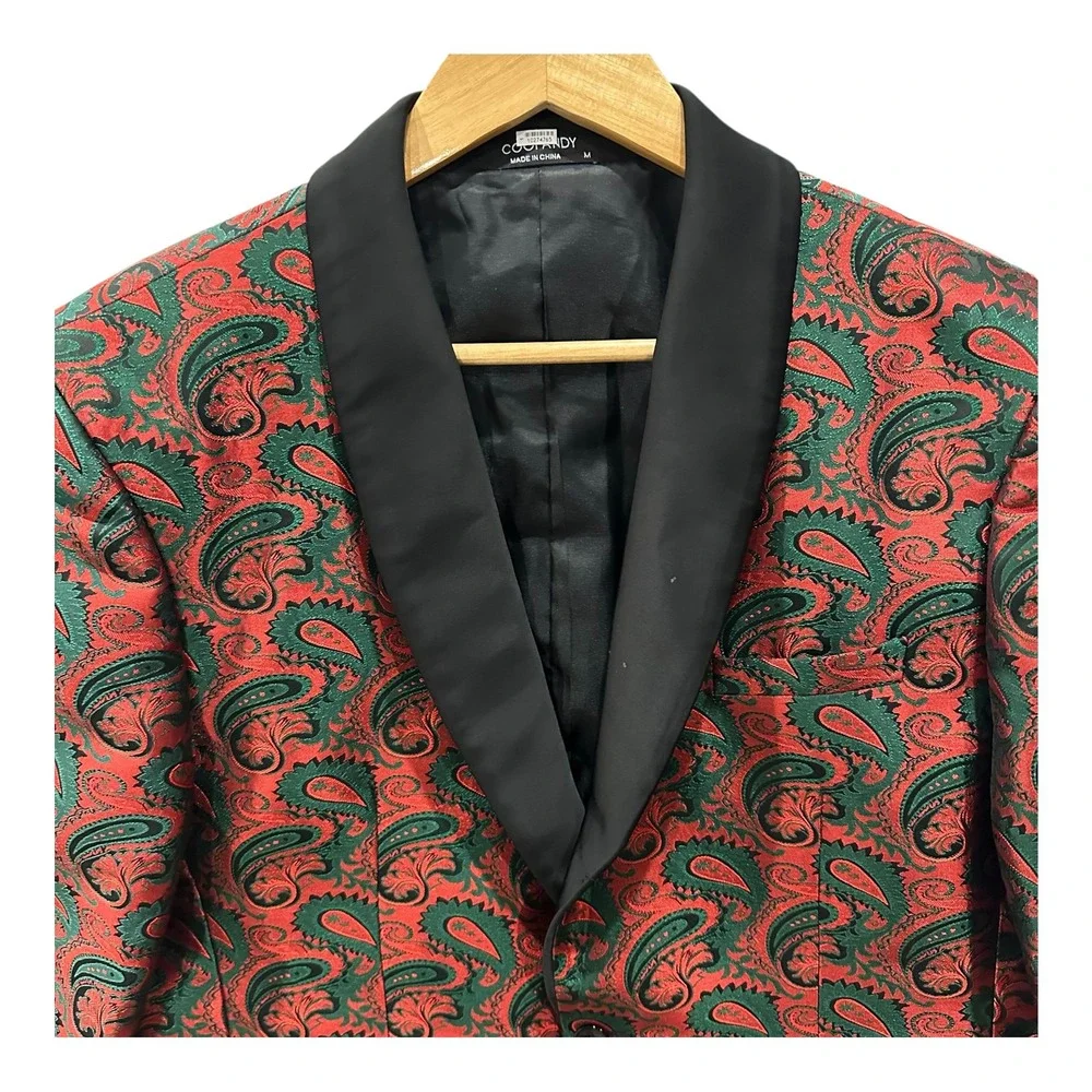 Christmas Paisley Tuxedo Jacket Red Green  Blazer Mens M Shawl Lapel Coofandy